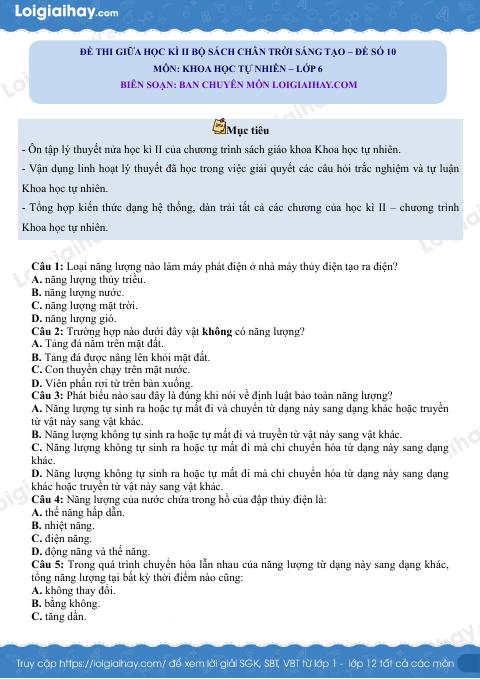 Đề thi giữa học kì 2 KHTN 6 Chân trời sáng tạo - Đề số 10